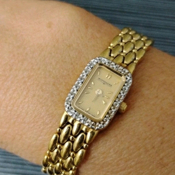 Wittnauer Tank Watch Women 13mm Gold Dial Gold Tone Crystal Bezel New Battery - Picture 2 of 7